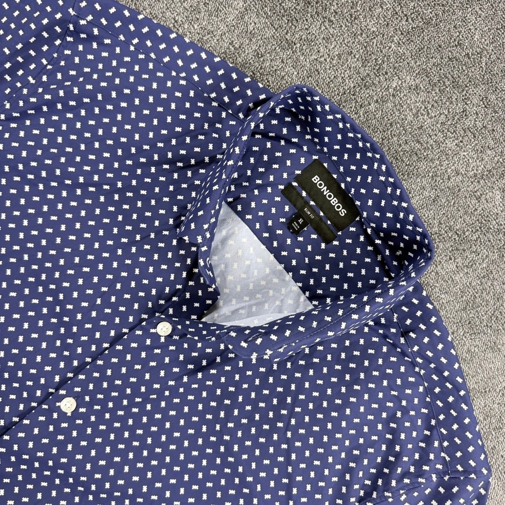 Bonobos Mens XL Slim Fit Short Sleeve Button Down Shirt Blue Geometric Stretch